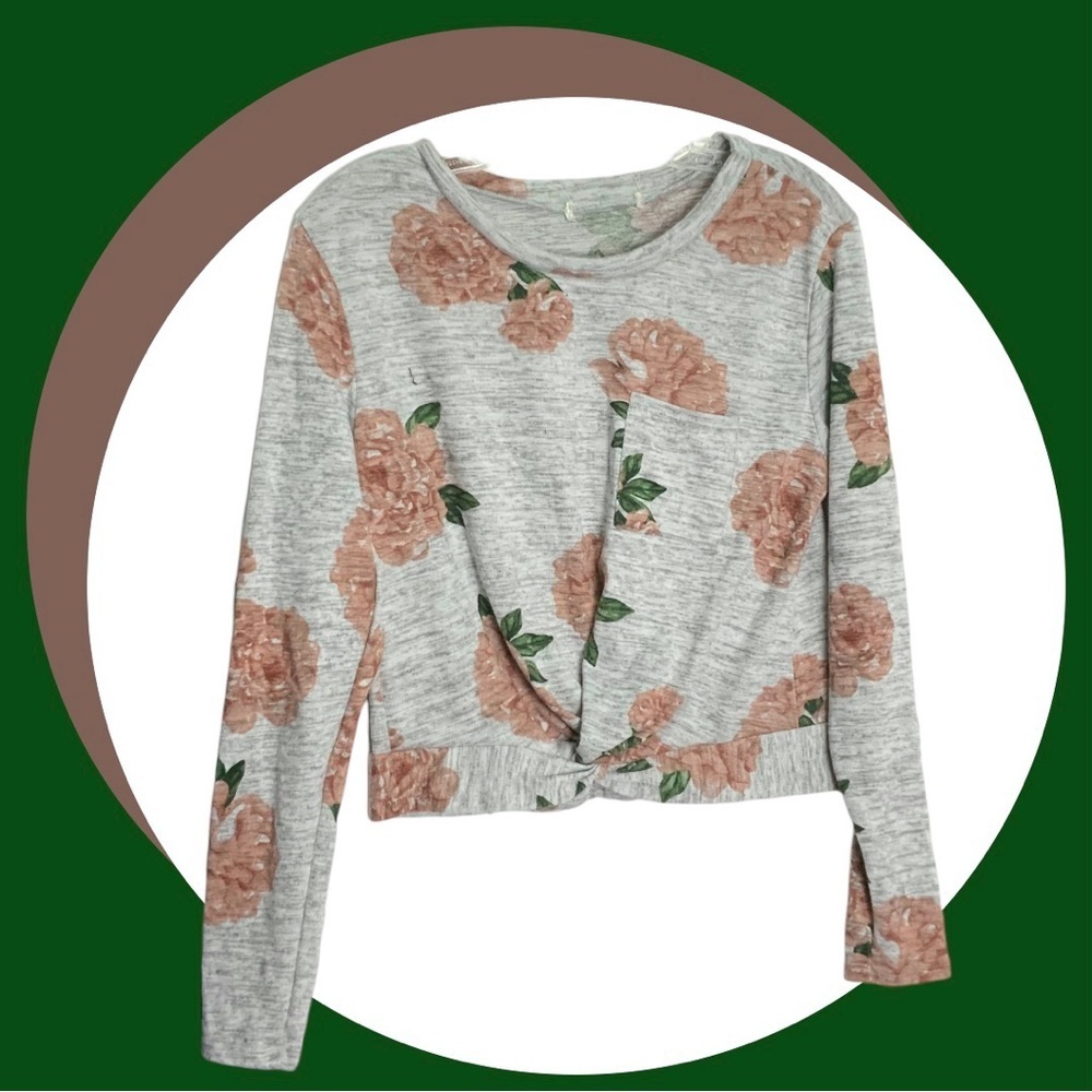 Gray Marble Peach Floral Tie Front Stretchy Top Wm Small